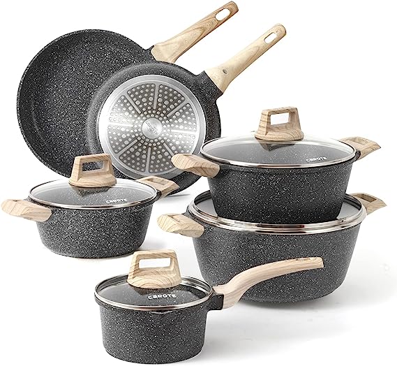 MICHELANGELO Stone Cookware Set 10 Piece, Ultra Nonstick Pots and Pans Set  with Stone-Derived Coating for Kitchen, Granite - 10 Piece